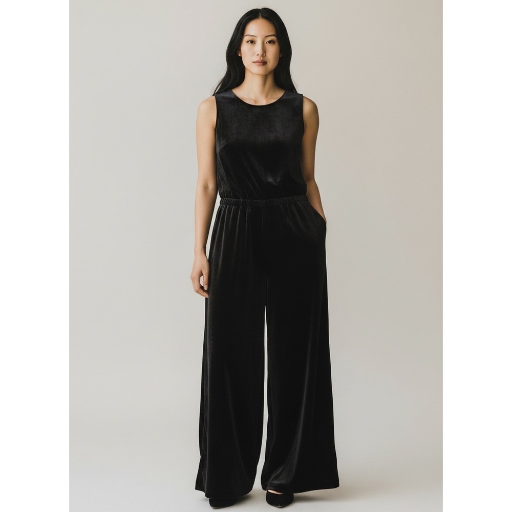 EILEEN FISHER Black Silk Velvet Jumpsuit Sz L New Sleeveless NWT Minimalist Chic